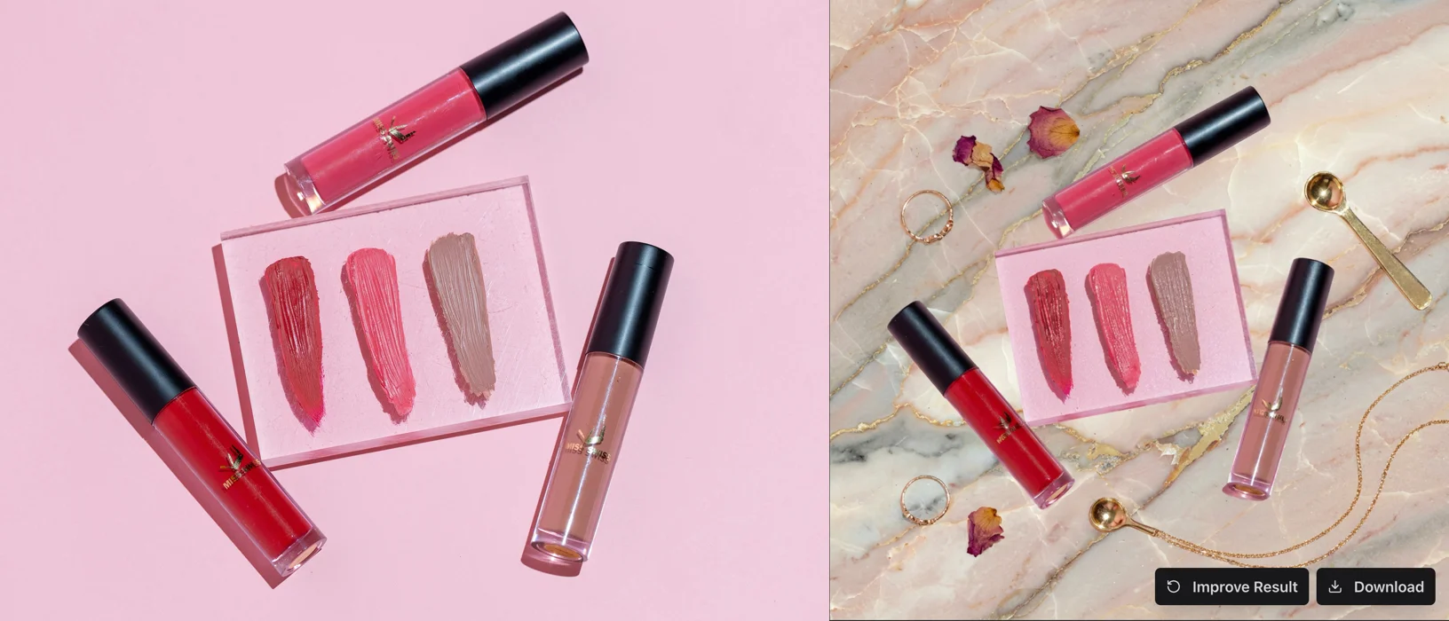 Flair.ai — original product photo vs AI-generated flat-lay scene with props and styling