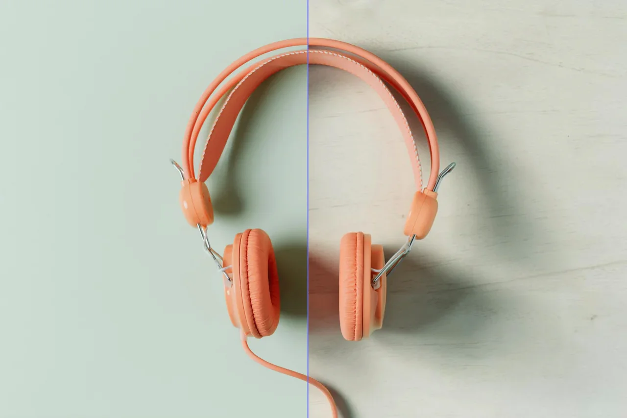 Photoroom before/after — original green background vs AI-generated wood surface
